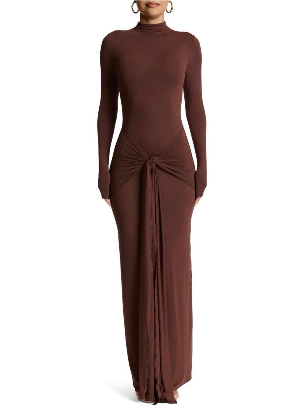 NAKED WARDROBE Tie Waist Maxi Dress XL Chocolate Brown Funnel Neck Trendy Party